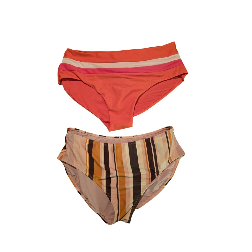 Downeast Swim Womens Retro High Rise Bikini Bottoms Bundle Coral Stripe Bundle-L